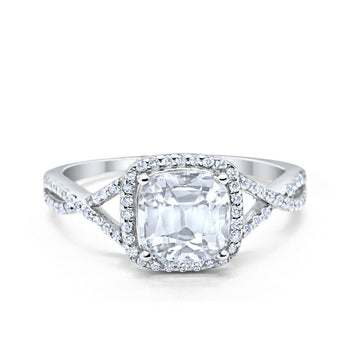 Halo Infinity Shank Engagement Ring Cushion Round Simulated CZ 925 Sterling Silver